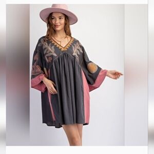 Embroidered V-Neck Smocked Mini Dress in Charcoal & Rose